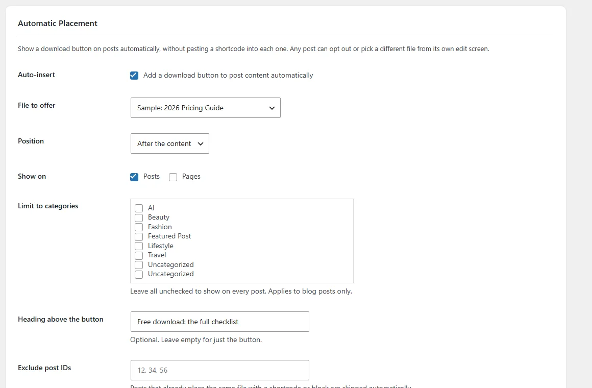 Automatic placement — add a download button to posts without a shortcode