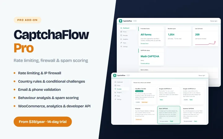 CaptchaFlow Pro — rate limiting, IP firewall and spam scoring