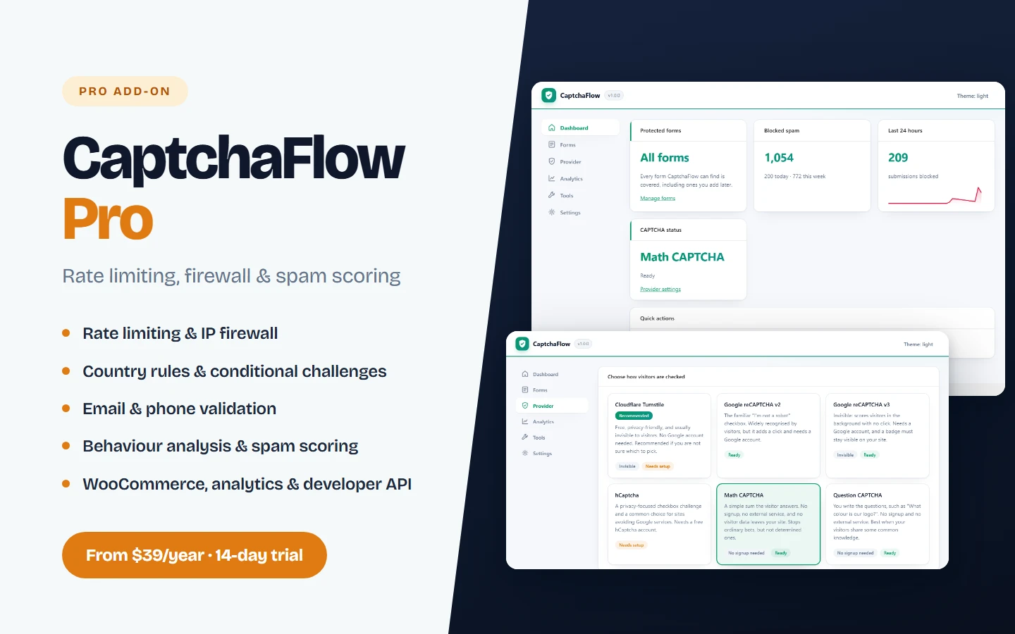 CaptchaFlow Pro — rate limiting, IP firewall and spam scoring