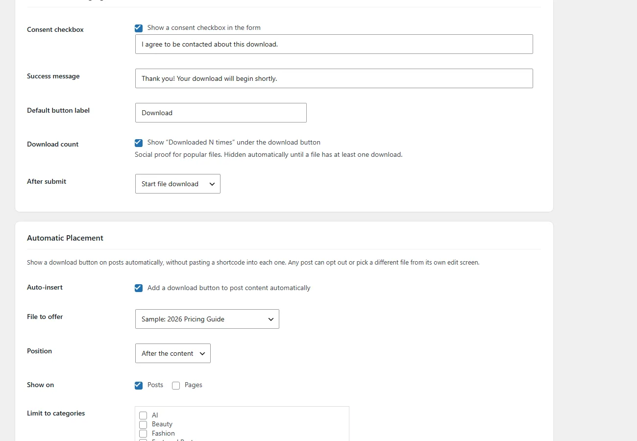Gated Downloads settings — default form fields, consent and messaging