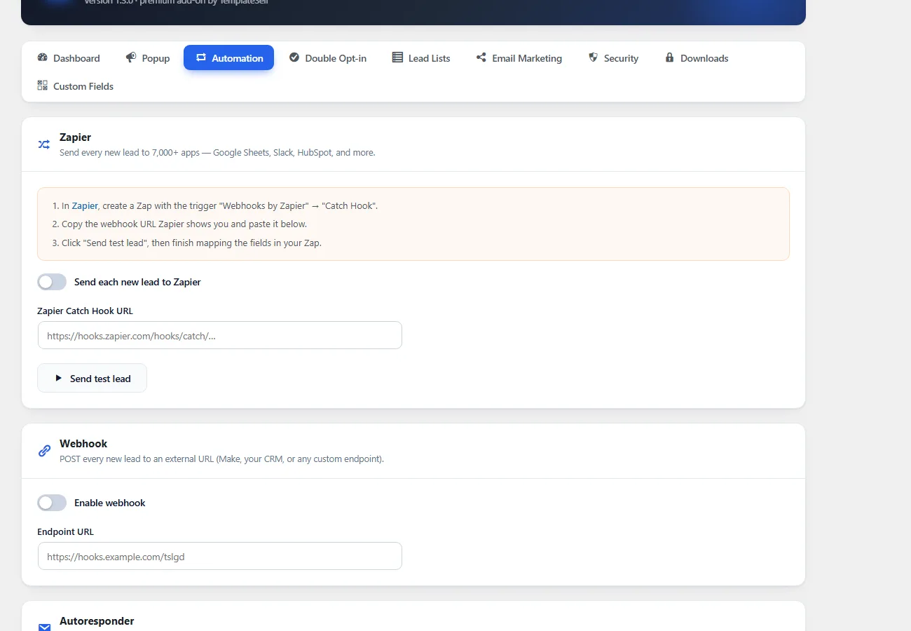Automation — autoresponder, webhooks and Zapier
