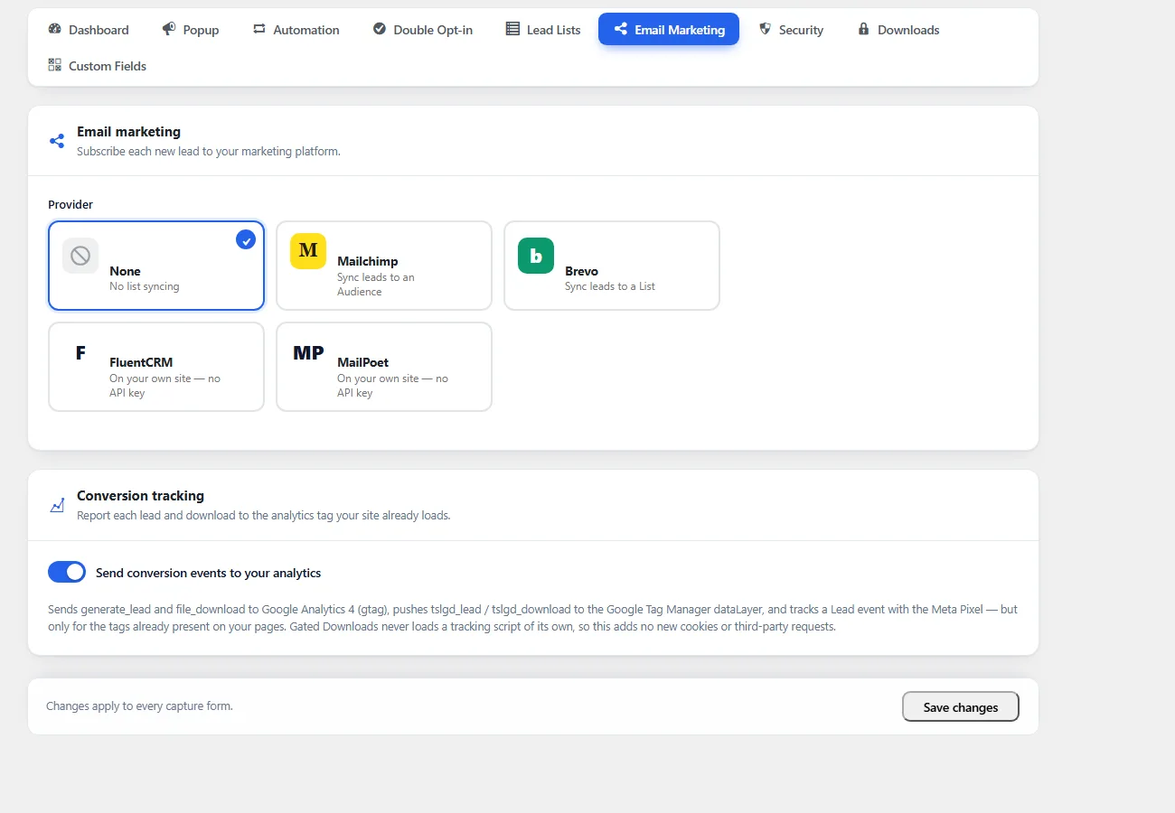 Email marketing — Mailchimp, Brevo, FluentCRM, MailPoet and conversion tracking