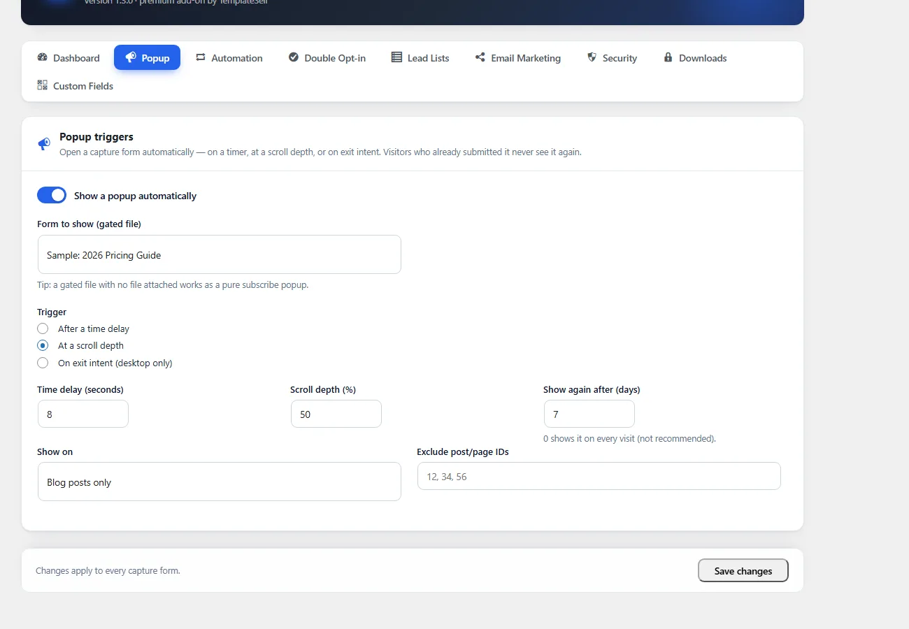 Popup triggers — time delay, scroll depth or exit intent